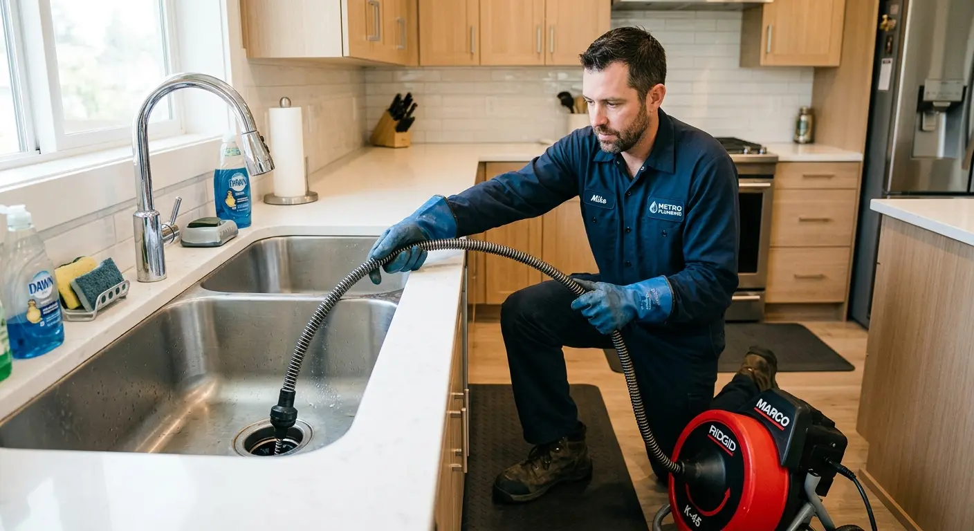 Drain cleaning technician using a motorized snake on a kitchen sink in Larkspur