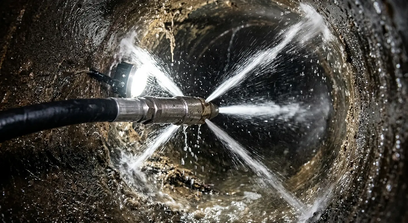 High-pressure hydro jetting nozzle cleaning sewer pipe for Sewer Cleanout in Larkspur