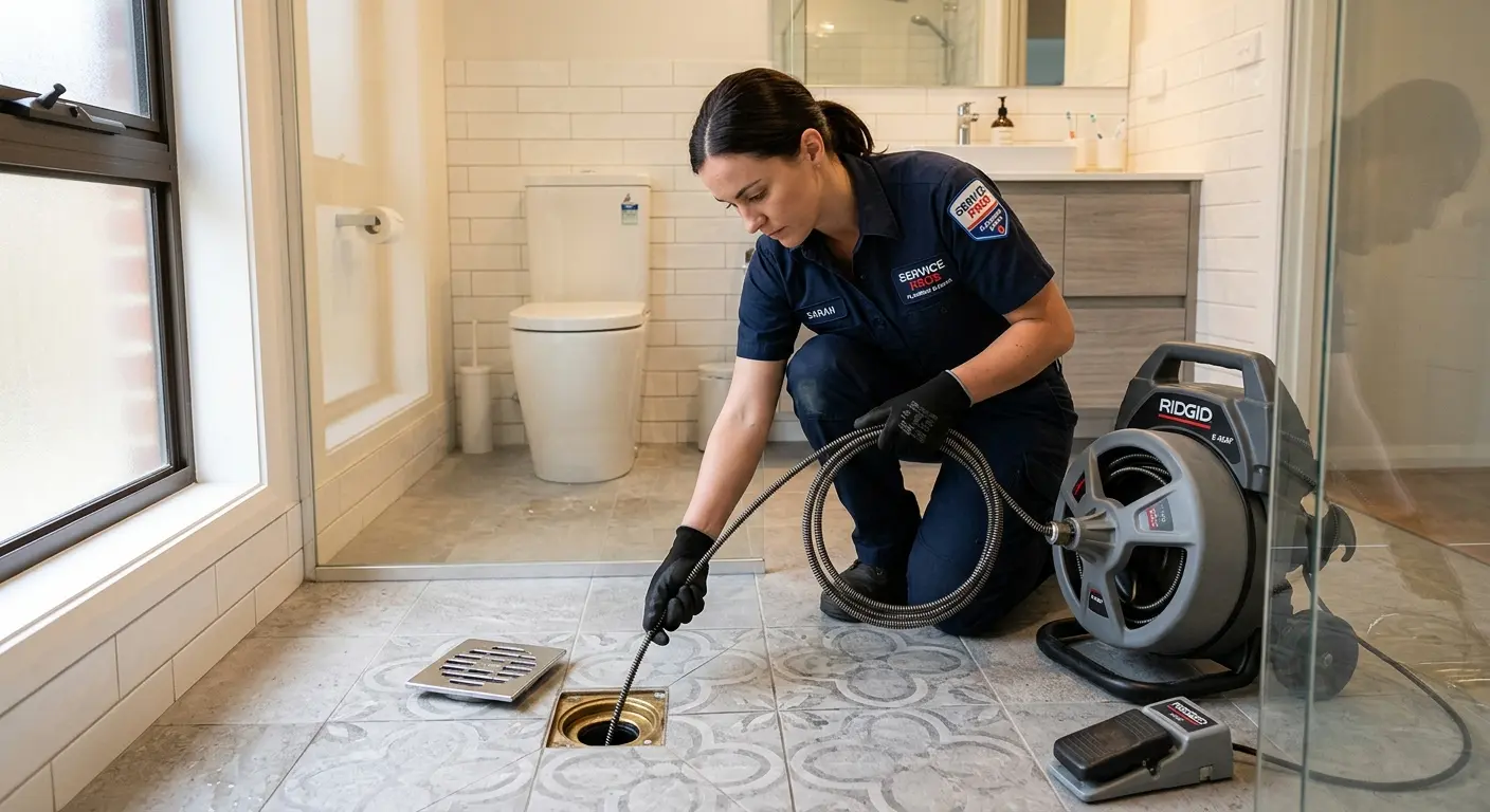 Technician clearing a bathroom floor drain for Sewer Line Replacement in Larkspur
